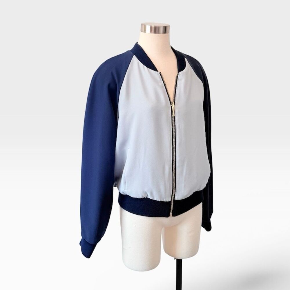 Blue Reversible Floral Satin Bomber Jacket Small Oversized Metal Aviator